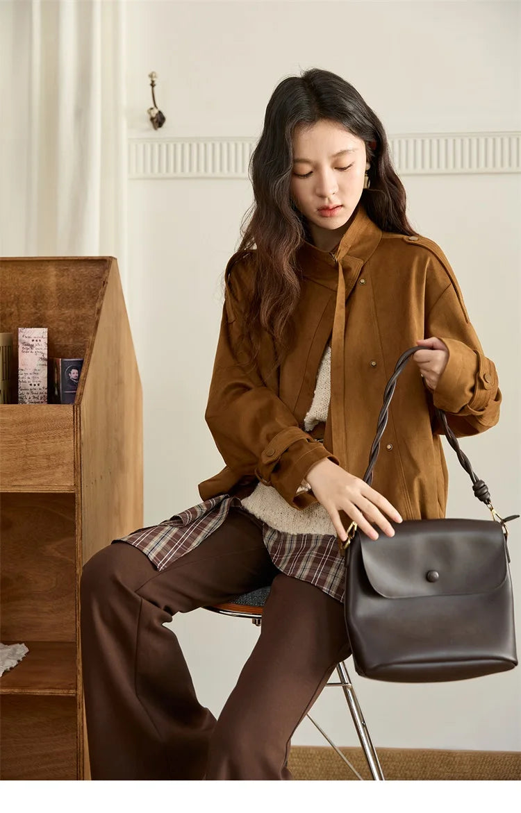 MISHOW Vintage Suede Short Jacket Brown Lapel Zipper MXE45W0869