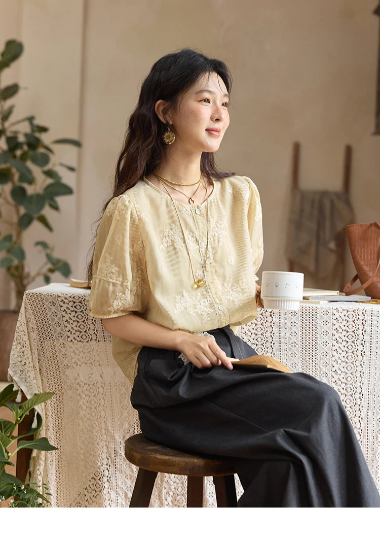 MISHOW French Retro Embroidered Floral Blouse for Women Summer 2025 Round Neck Single Breasted Top Puff Sleeve Blouse MXE36X1874