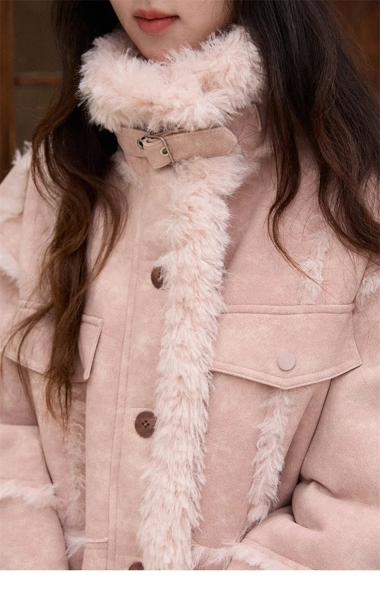 MISHOW Women's Pink Jacket 2025 Winter French Style Stand Collar Plush Patchwork Coat Windproof Warm Coat Woman MXE51W0911