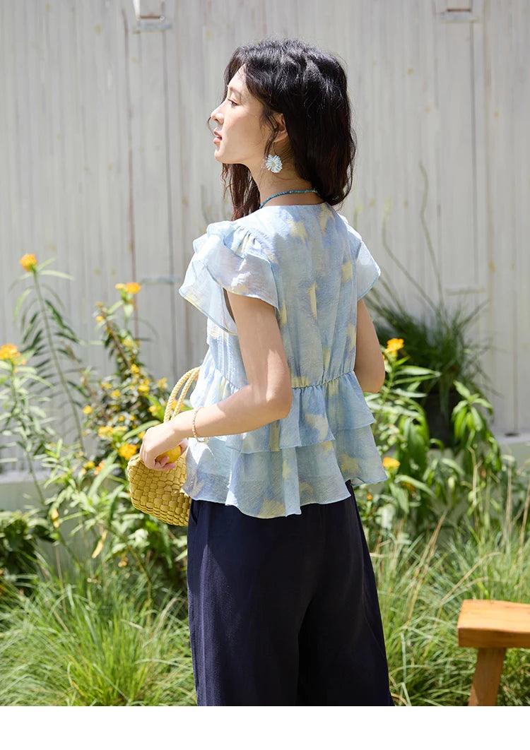 MISHOW Blue Double-layer Ruffled Linen V-neck Blouse for Women Summer 2025 Slim Flying Sleeve Breathable Lace-up Tops MXE33X1819