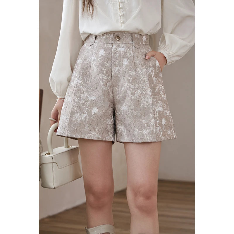 MISHOW High Waist Jacquard Shorts Spring 2024 Palace Style Metal Flower Shaped Buttons Thin Retro A-line Short Pants MXD15K0551