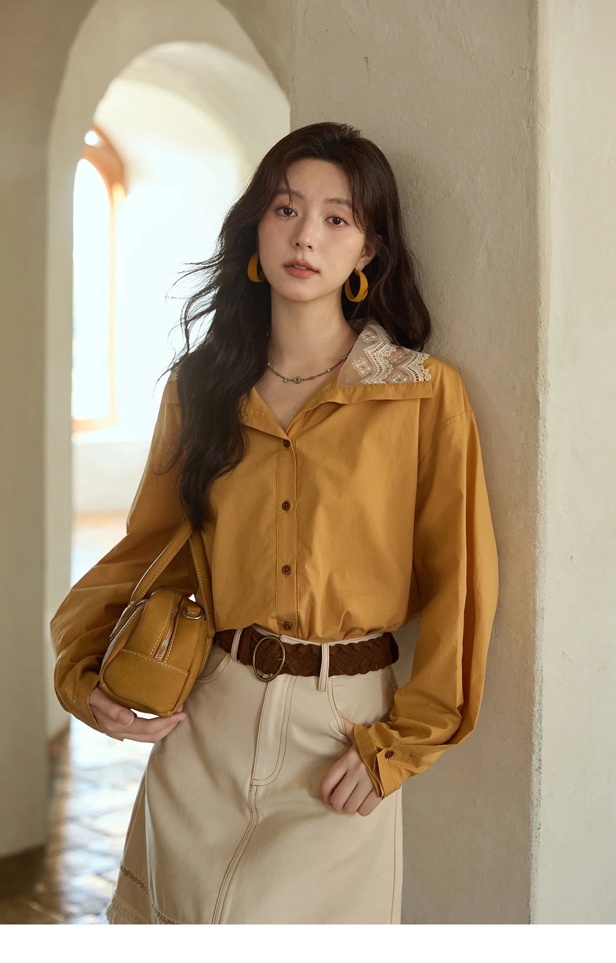 MISHOW Autumn Solid Cotton Shirt Autumn V-neck Double-layer Lace Retro Design Shirts Single Breasted Tops Office Lady MXE41C2366