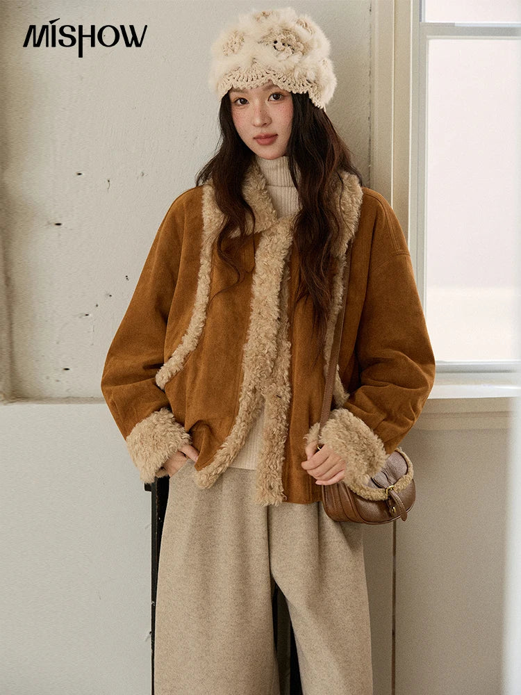 MISHOW Woman Short Jacket 2025 Winter Retro Brown Suede Patchwork Fur Coat Loose Faux Lambswool Turn Down Collar Coat MXE89W0895