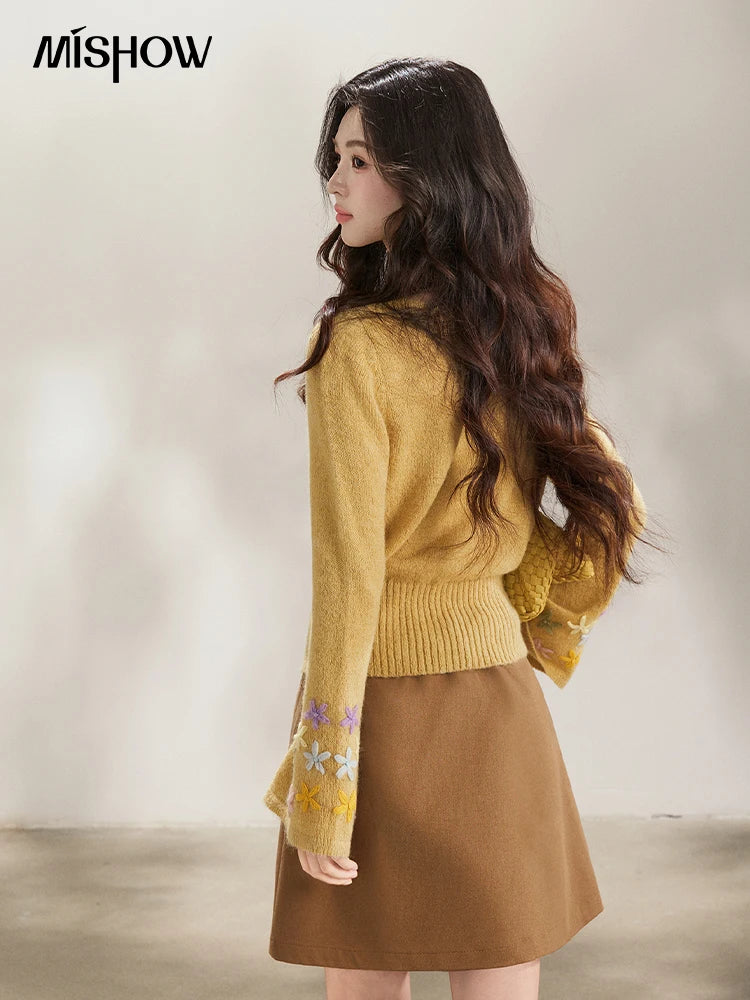 MISHOW Floral Embroidered Boat Neck Flare Sleeve Knit Tops 2026 Spring Side Button Slim Casual Soft Yellow Sweater MXE94Z2864