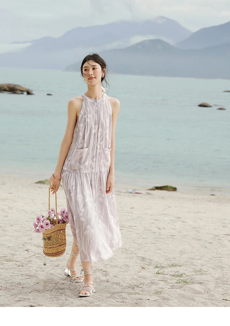 MISHOW Purple Print Chiffon Holiday Dress Women 2025 Summer Sleeveless Stand Collar Slim Dresses Woman New Fashion MXE32L2163