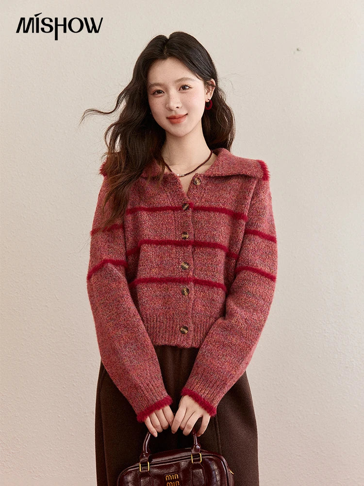 MISHOW Christmas Women's Retro Red Striped Large Lapel Knitted Cardigan 2025 Winter Color Block Fleece Patchwork Tops MXE94Z2888