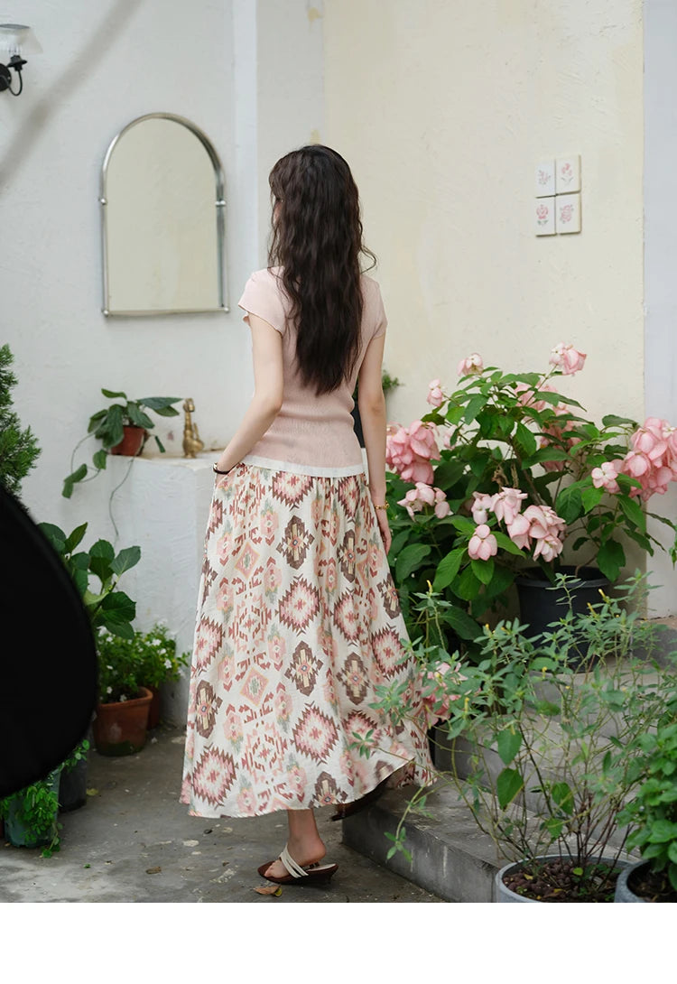 MISHOW Women's Geometric Print Half Skirt 2025 Summer Retro Prairie Chic Pocket Vacation A-line Skirt Female Clothing MXE37B0760