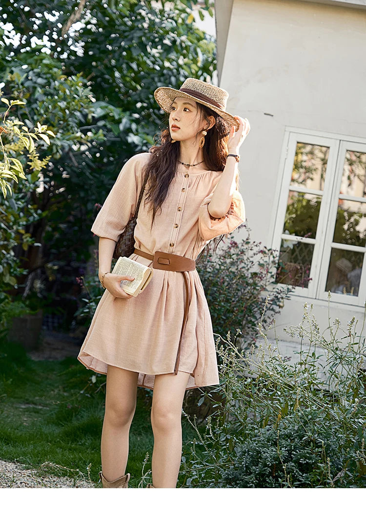 MISHOW French Retro Midi Length Sleeves Dress Summer O-neck Single Breasted Dresses Casual Tea Break Dress with Belt MXE39L2409