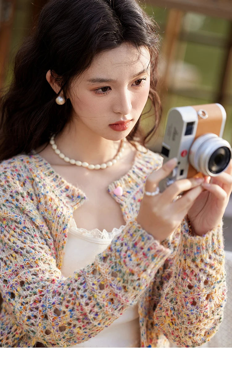 MISHOW Women's Sweet Woven Hollow Knitted Cardigan 2025 Spring Rainbow Button Single Breasted Top O-neck Cardigan MXE13Z1110