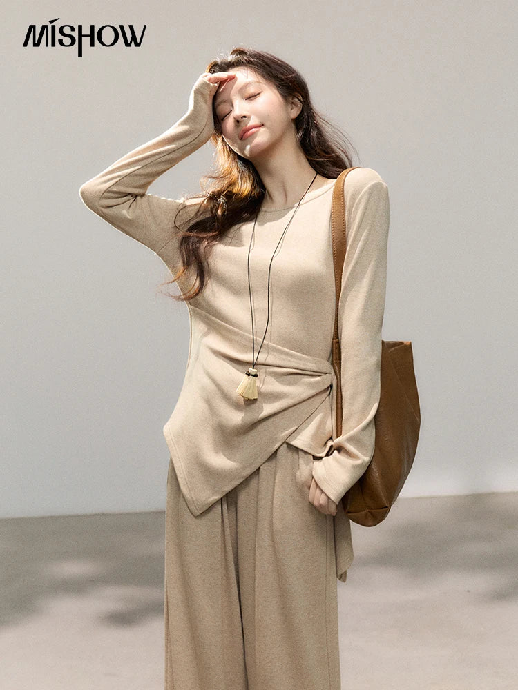 MISHOW Women's Khaki Knitted Two-Piece Set 2026 Spring Asymmetrical Hem Waist-Cinched Top Wide Leg Pants Casual Sets MXF11T1465