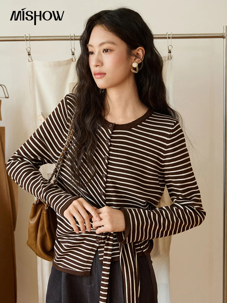 MISHOW Women's Coffee Striped Knitted Top 2025 Autumn Retro Commute Long Sleeves Loose Cardigan Sweater Women Clothes MXE46Z2537
