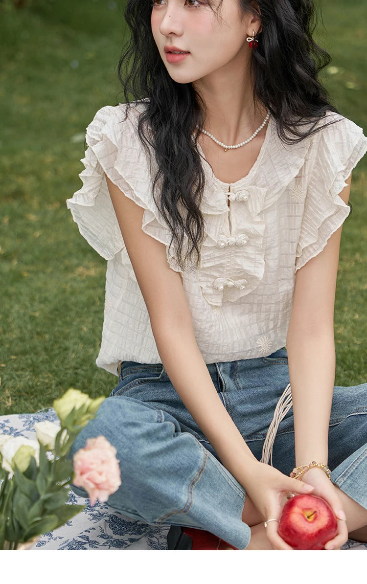 MISHOW Chinese Retro Button Up Blouse for Women 2024 Summer Flying Sleeve Chiffon Embroidery V-Neck Top with Camisole MXD21X1374