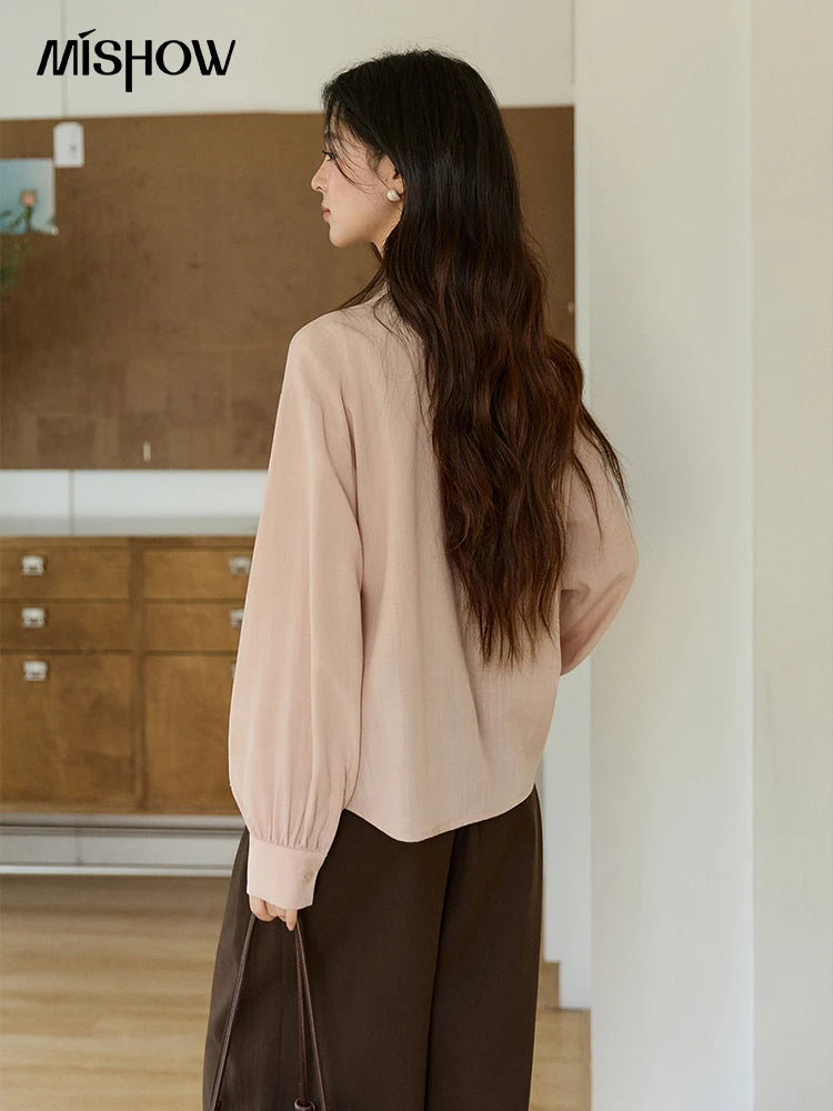 MISHOW Women's Dusty Pink Shirts Spring Plaid Tie Neck Loose Casual Shirt 100 Lyocell Lantern Sleeve Top Office Lady MXF108C0817