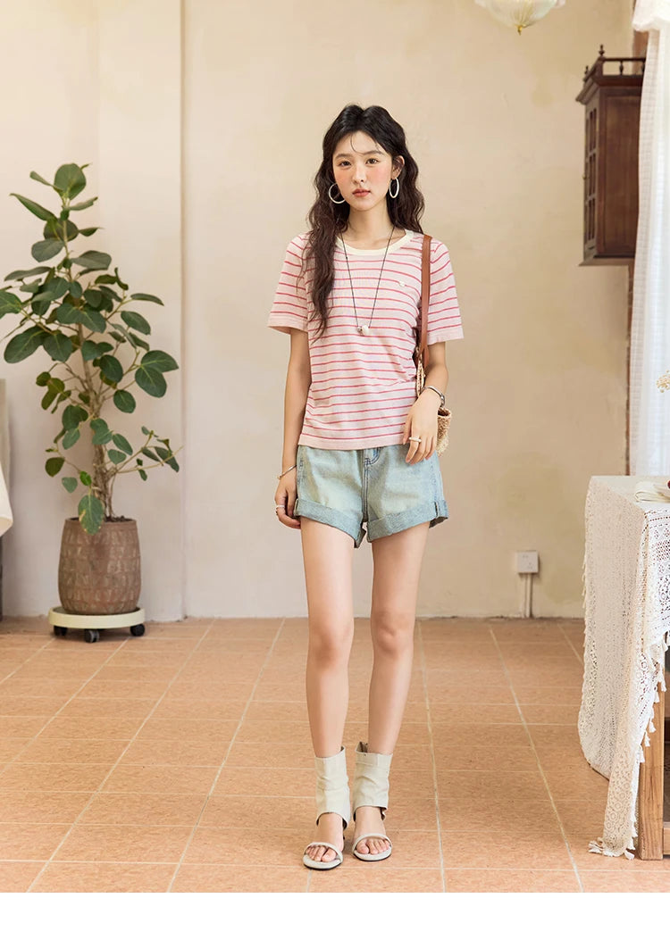 MISHOW Retro Light Blue Denim Shorts for Women Summer 2025 Fashion High Waist Washed Button Zipper Wide Leg Shorts MXE35K0944