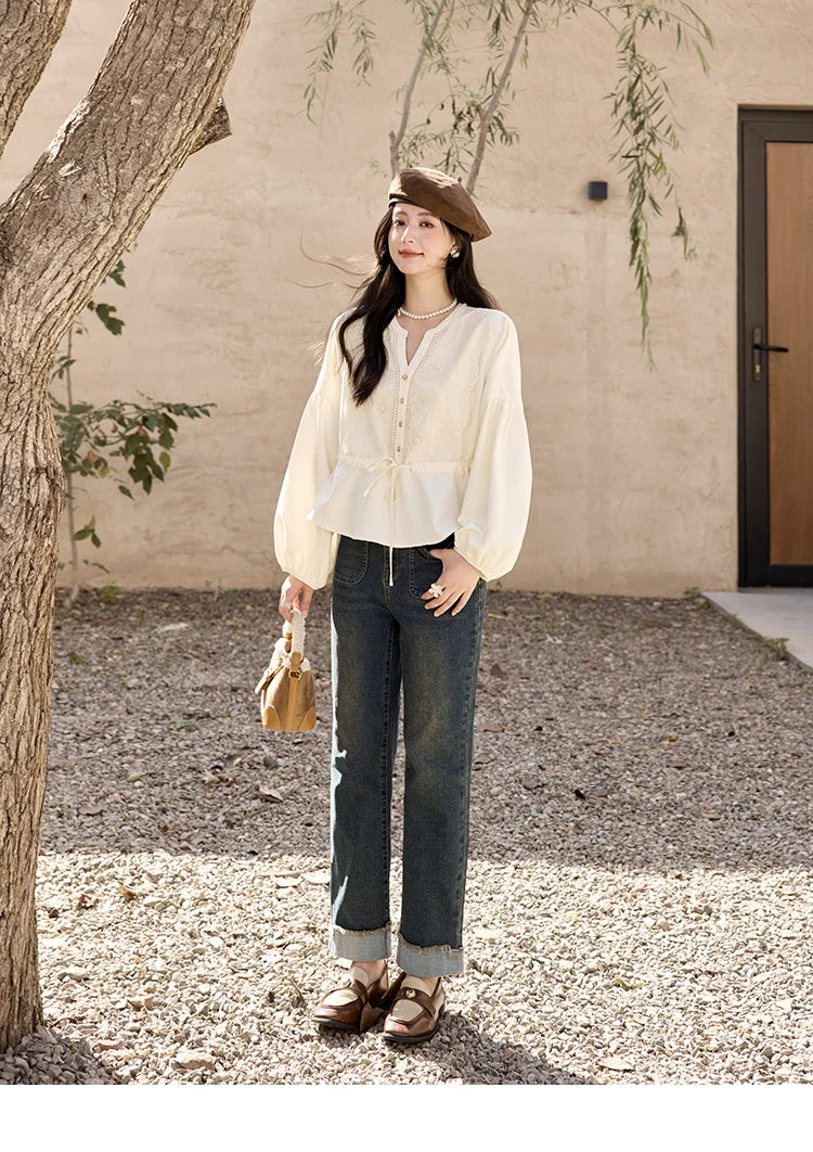 MISHOW Women's French V-neck Blouse Lace Lantern Sleeve Long-sleeved Blouses 2024 Fall Tie Drawstring Waist Slim Tops MXD45X1660