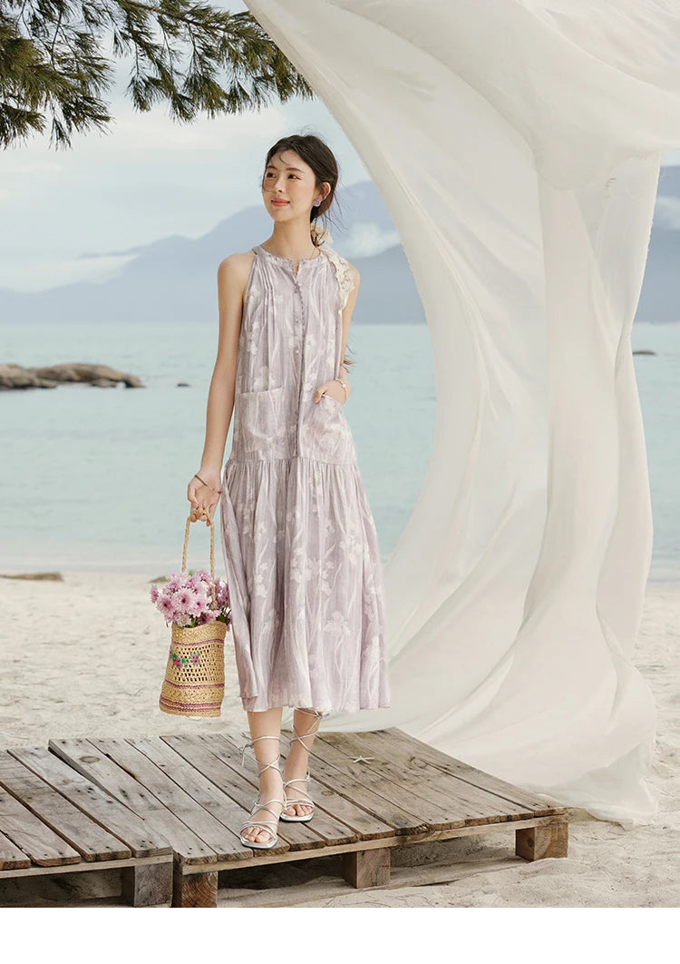 MISHOW Purple Print Chiffon Holiday Dress Women 2025 Summer Sleeveless Stand Collar Slim Dresses Woman New Fashion MXE32L2163