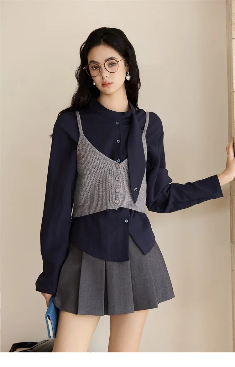 MISHOW Woman Shirt Set 2025 Autumn Fashion New Navy Blue Ribbon Design Layered Shirt Knit Camisole Two-piece Suit MXE47T1412