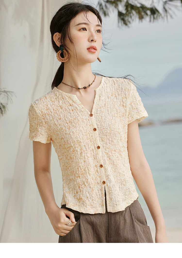 MISHOW Print Casual Summer T-shirts Women 2025 New Short Sleeve V-neck Thin Knitted Shirt Female Fashion Breathable MXE31Z1234