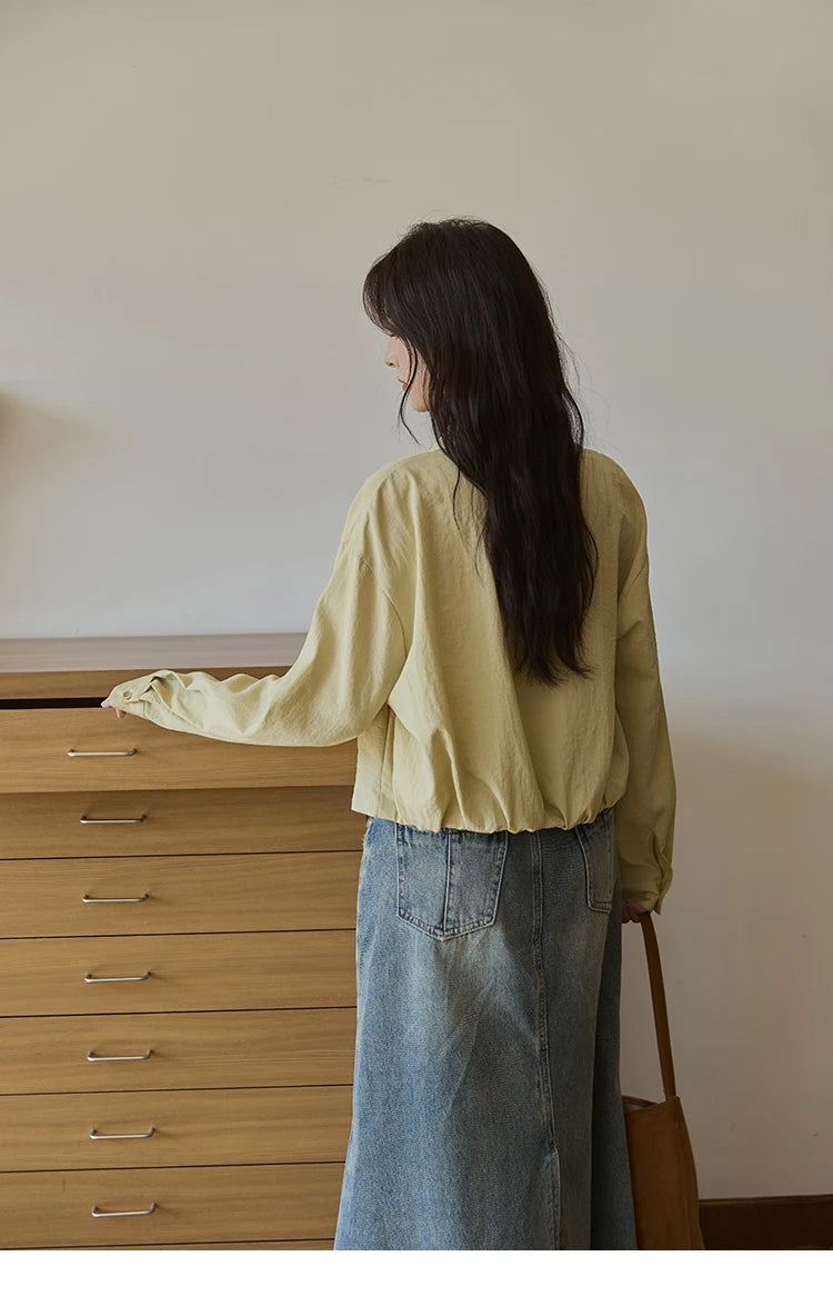 MISHOW Women's Top Green Fake Two Piece Shirt 2025 Autumn Lace Patchwork Lapel Shirts Rear Hem Elastic Short Shirt MXE41C2348