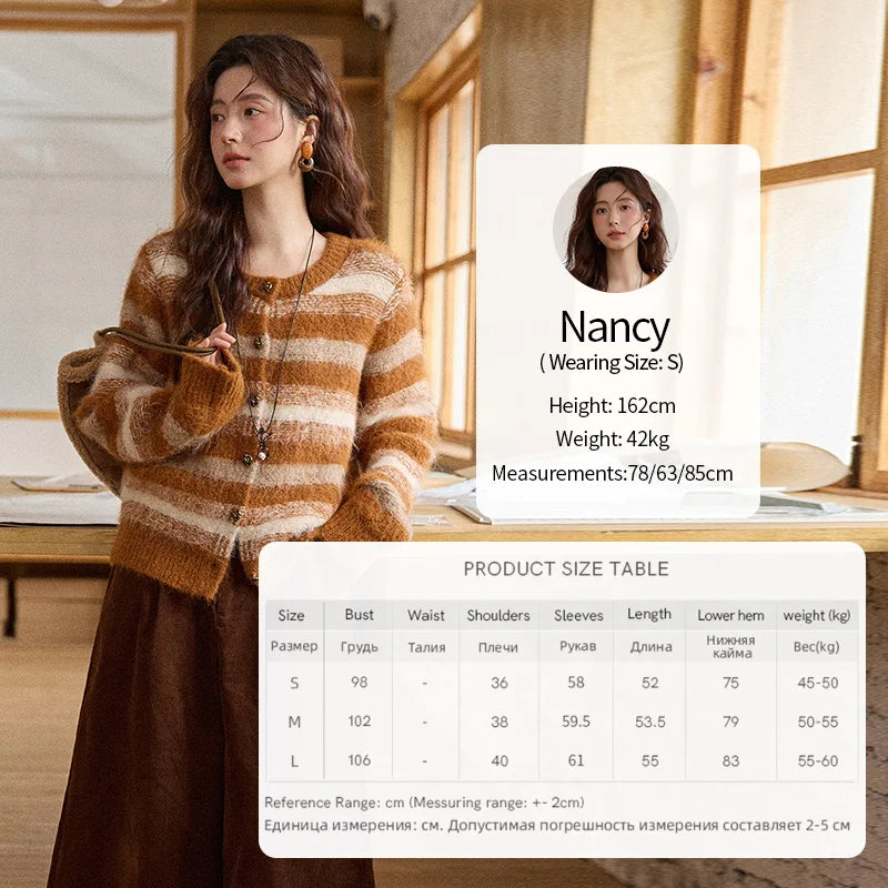 MISHOW Women's Cardigan Wool 2025 Winter Retro Striped Round Neck Long Sleeved Knitted Top Warm Comfortable Cardigan MXE87Z2723