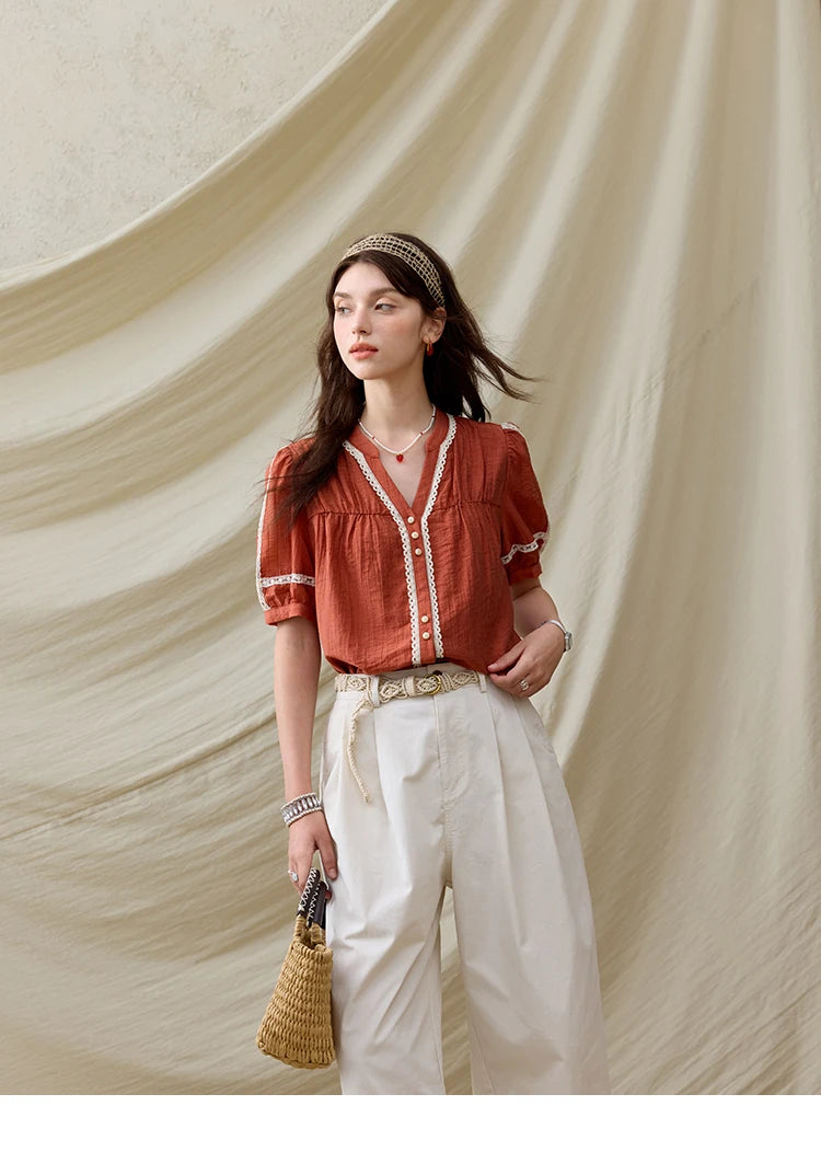 MISHOW French New Blouses Women Summer New 2025 Short Sleeve V-neck Color Matching Shirts Female Fashion Lazy Style MXE31X1766