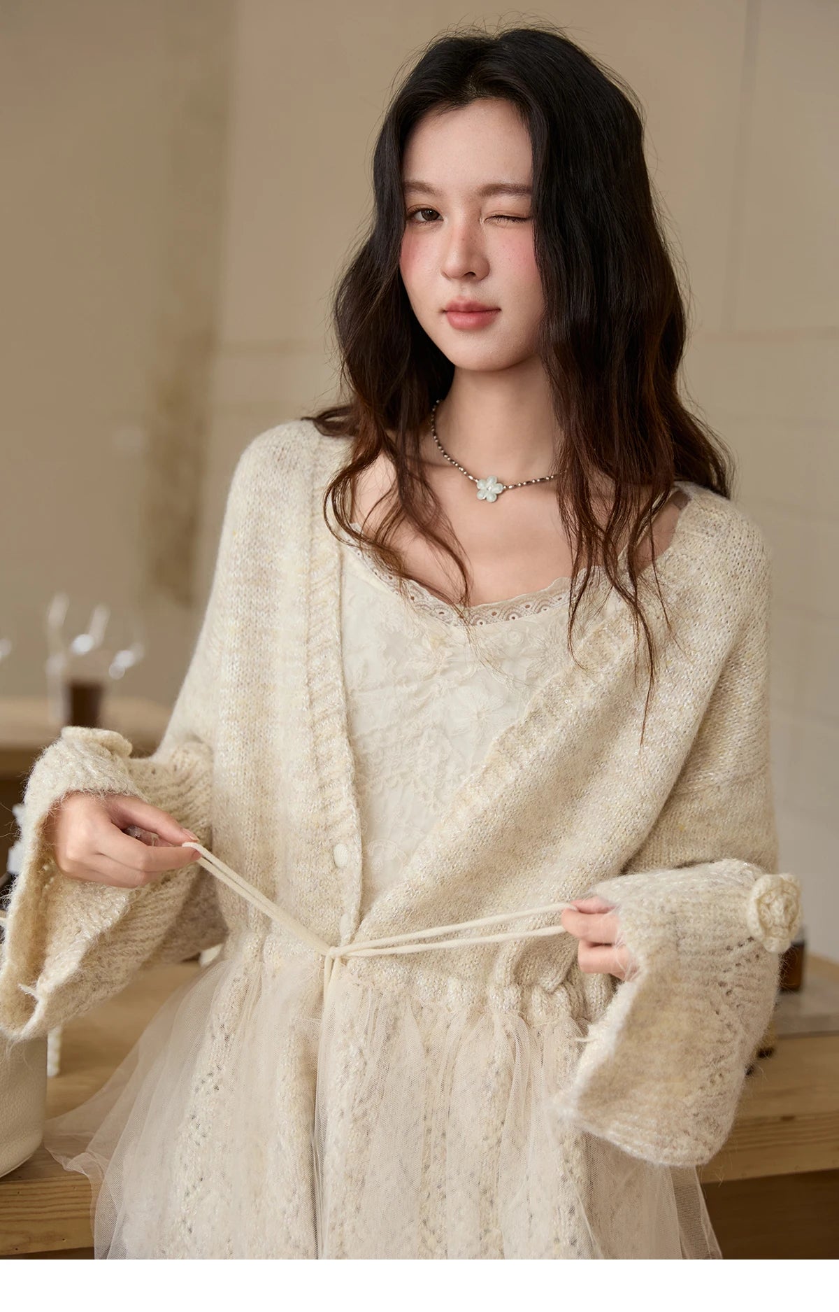 MISHOW Apricot Mesh Stitching Knit Cardigan for Woman Fashion Drawstring Waist Three-dimensional Flower Loose Sweater MXE88Z2707