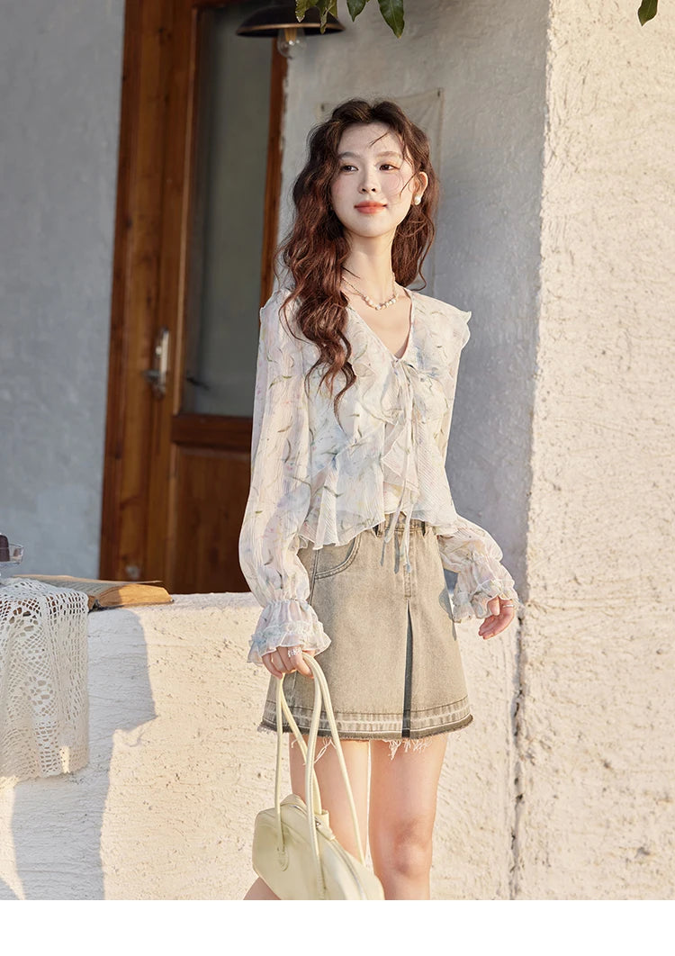 MISHOW Floral Blouse with Camisole Set V-Neck Lace Up MXE13X1718