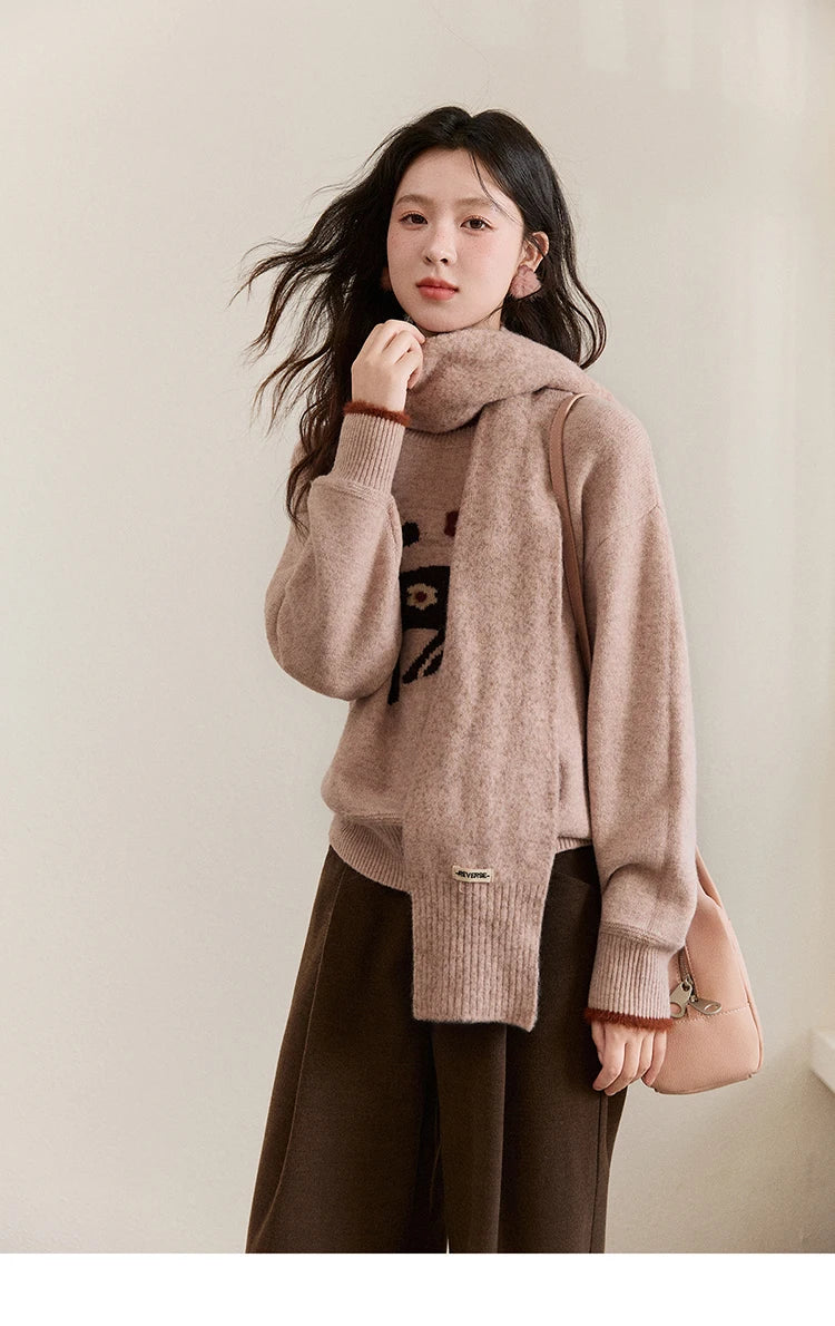 MISHOW Women's Horse Pattern Knit Sweater Winter Crew Neck Sweaters Collar Cuffs Splice Contrasting Faux Mink Fur Top MXE94Z2863