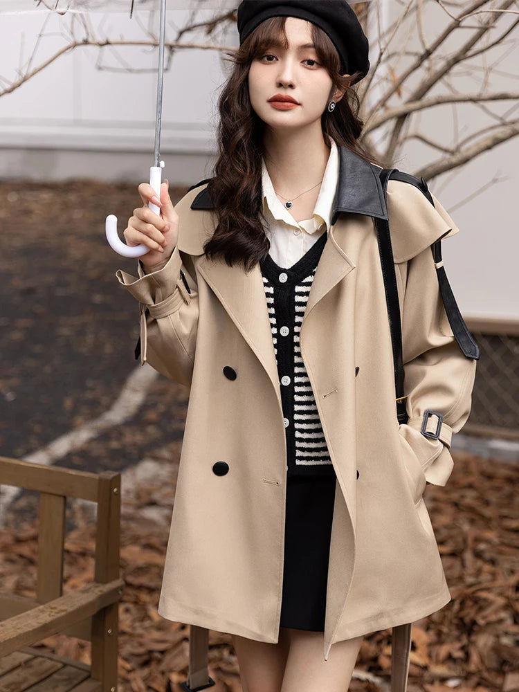 MISHOW Trench Coats for Women Autumn Korean Office Lady Polo Collar Patchwork Long Mid-length Jacket Female Outerwear MXB33W0399