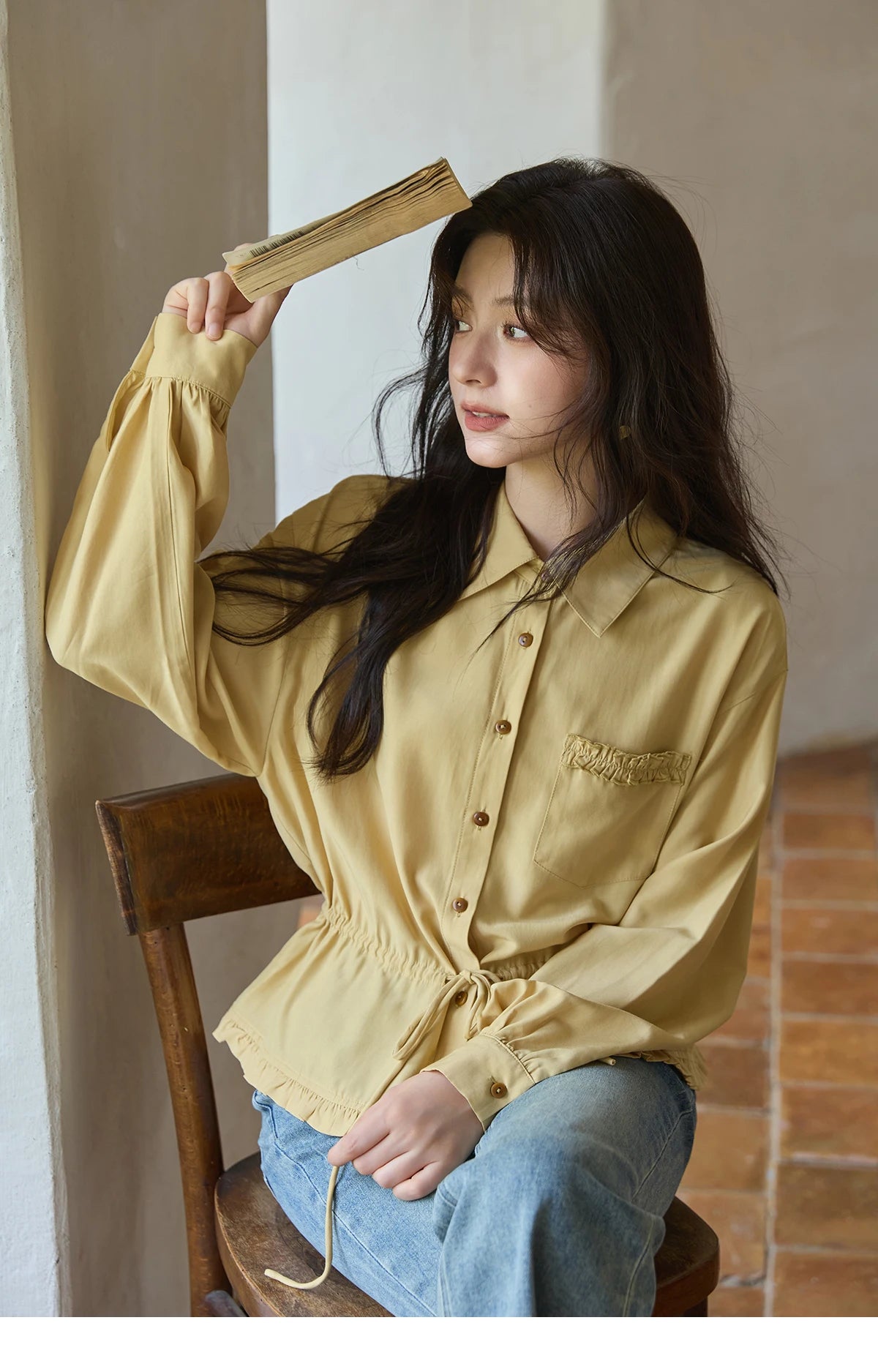MISHOW Autumn French Drawstring Waist Shirt 2025 Yellow Hem Lotus Leaf Top Female Lapel Lantern Sleeve Commuter Shirt MXE42C2368