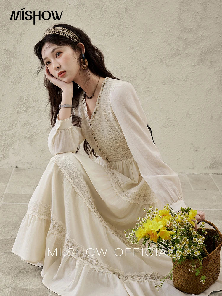 MISHOW Apricot Vacation Dress for Women Spring 100 Cotton Splicing Lace Retro Dress V-neck Waist Slim Long Dresses MXE16L2168