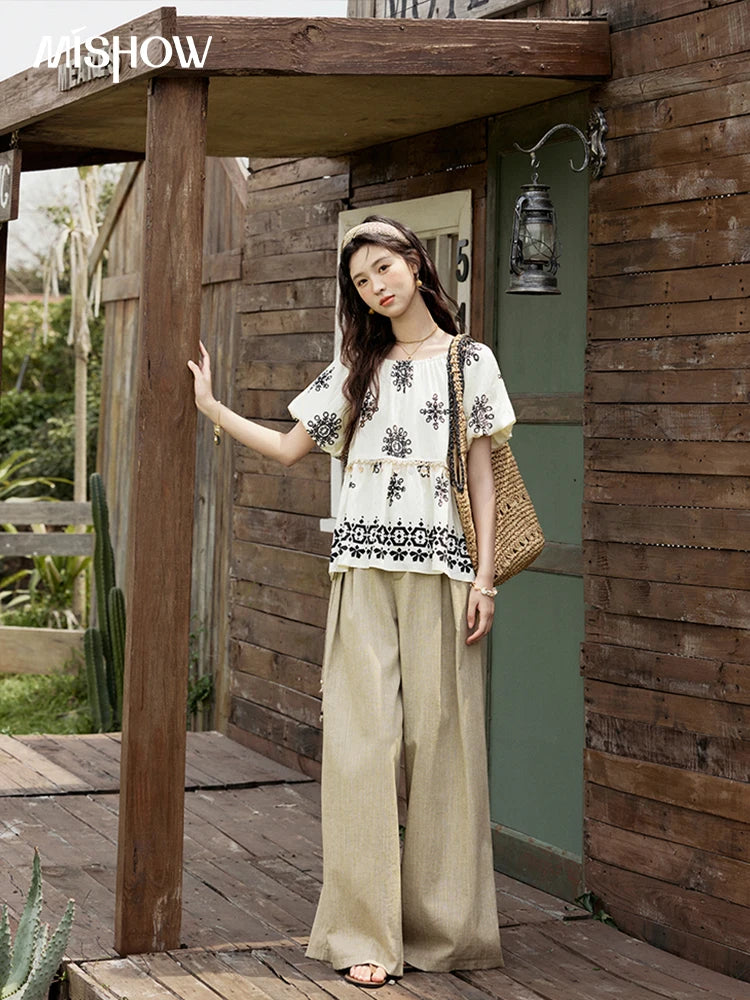 MISHOW Bohemian Print Shirts Women Summer Short Puff Sleeve Square Sleeve Loose Shell Ribbon Stitching Blouses Lady MXE35X1817