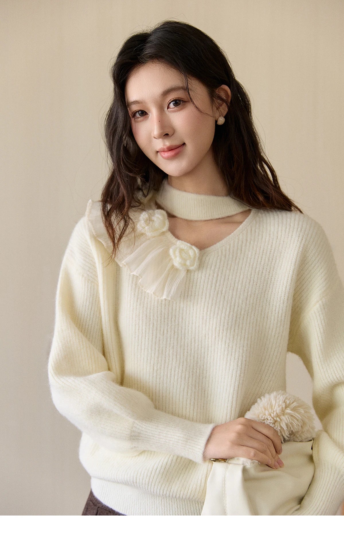 MISHOW Women's Cutout Neck Knitted Sweater 2025 Winter Ruffle Flower Decor Dropped Lantern Sleeves Pullover Tops MXE94Z2982