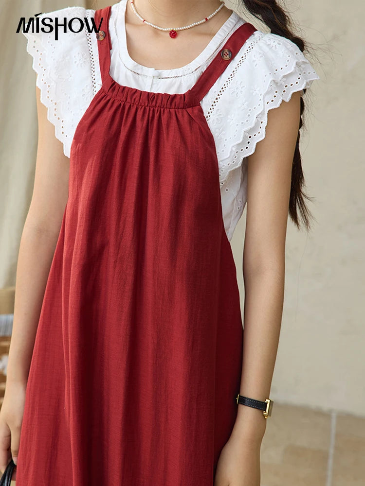 MISHOW Red Linen Strap Midi Dress Summer Sleeveless Casual Vacation Dress Hanging Neck Loose A-LINE Dress (Not A Set) MXE36L2309