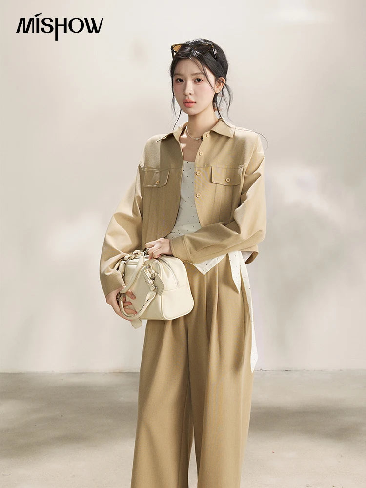 MISHOW Women's Khaki Three-Piece Set Spring Cropped Lapel Short Jacket Irregular Polka Dot Vest Wide Leg Pants Set MXF13T1478