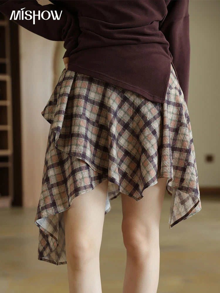 MISHOW Purple Plaid Irregular Skirt for Women Autumn 2025 Linen Blend Invisible Zipper Short Skirt Ruffle Hem Skirts MXE42B2395