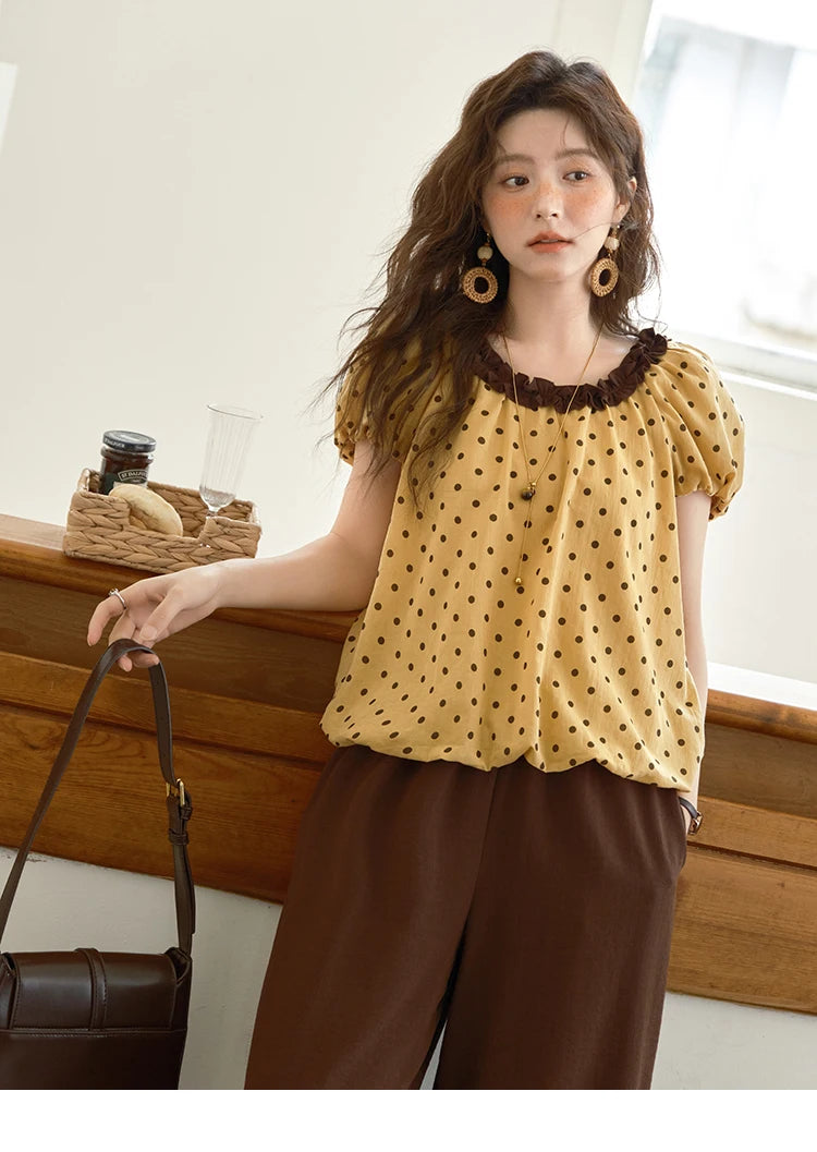 MISHOW 2025 Summer Women's Two Piece Set Polka Dot Puff Sleeve Top Casual Pocket Wide Leg Pants Set Female Clothing MXE39T0657