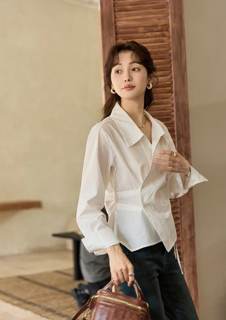 MISHOW French Side Placket Asymmetric Shirt Autumn 2025 Pleated Waist Lapel Shirts Long Sleeve Loose Commuter Tops MXD45C0357