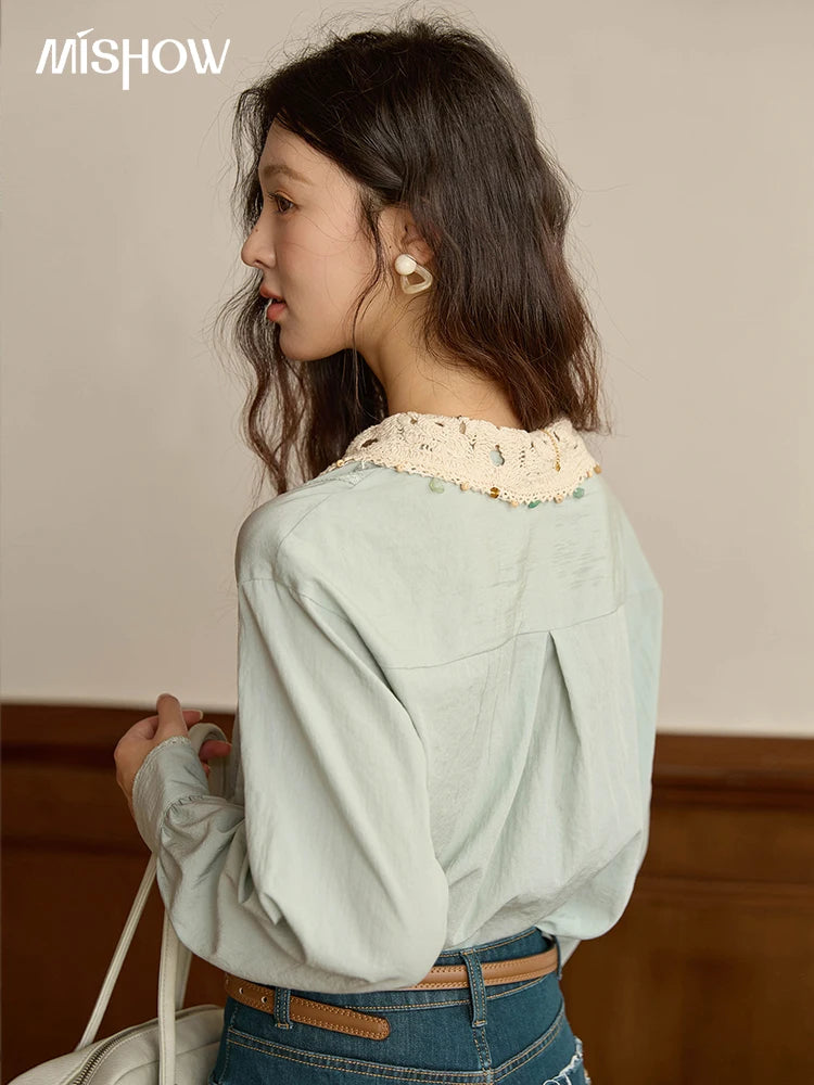 MISHOW Women's Linen Shirt 2025 Autumn Contrast Apricot Lapel Shirts Long Sleeve Curved Placket Tops Office Lady MXE43C2387