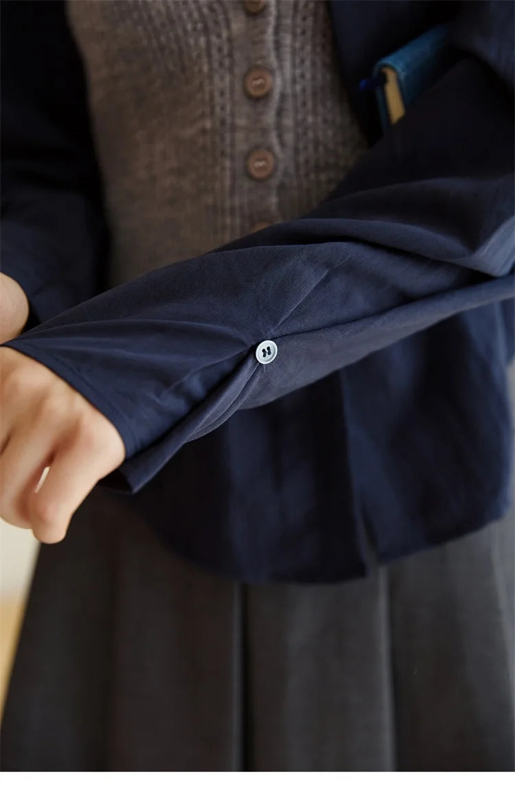 MISHOW Woman Shirt Set 2025 Autumn Fashion New Navy Blue Ribbon Design Layered Shirt Knit Camisole Two-piece Suit MXE47T1412