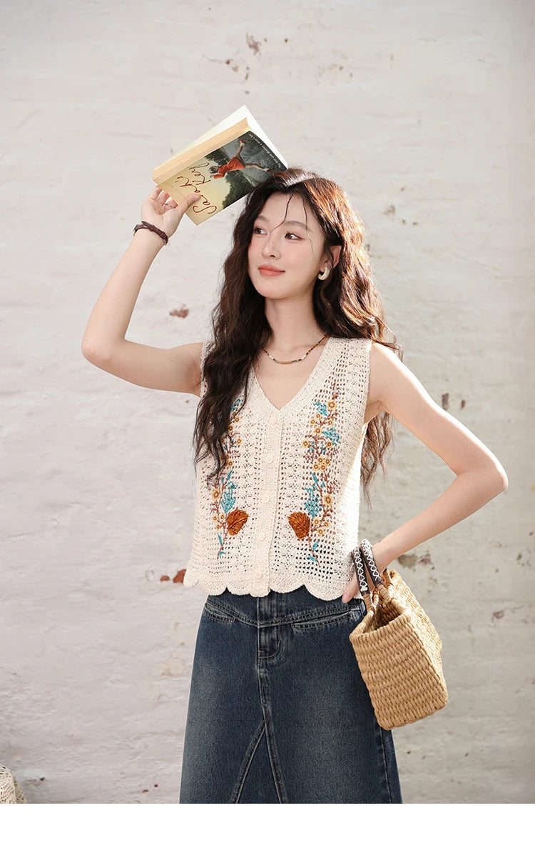 MISHOW Denim Fishtail Skirt 2024 Summer Retro Casual Love Embroidered Pockets Skirt A-line Umbrella Knee-Length Skirt MXD28B0414