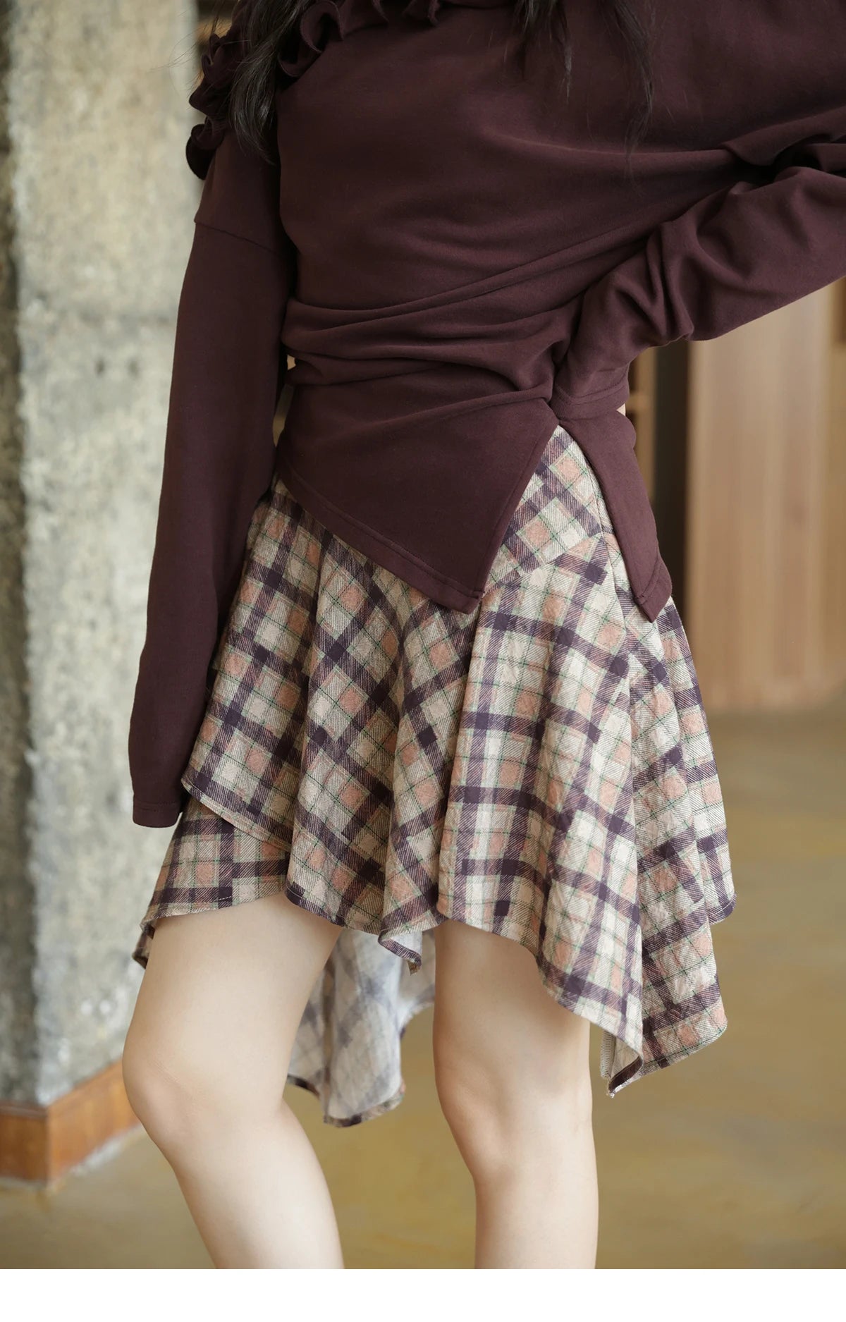 MISHOW Purple Plaid Irregular Skirt for Women Autumn 2025 Linen Blend Invisible Zipper Short Skirt Ruffle Hem Skirts MXE42B2395