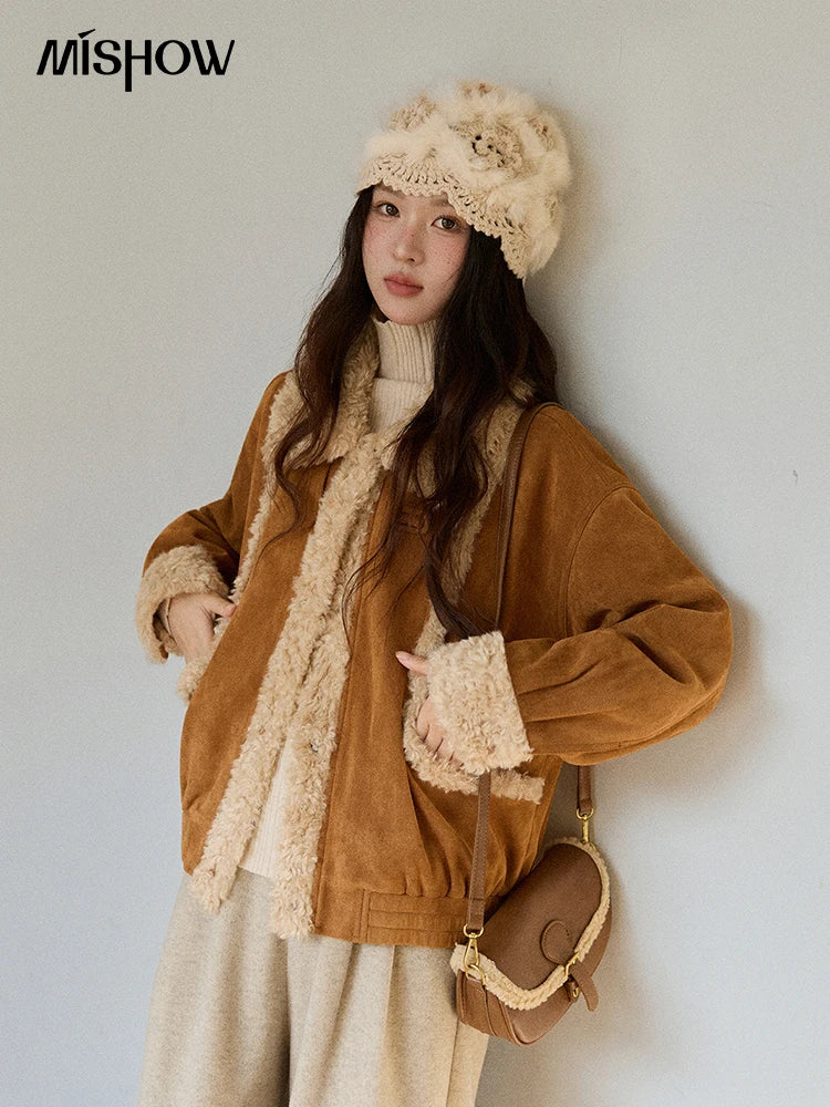 MISHOW Woman Short Jacket 2025 Winter Retro Brown Suede Patchwork Fur Coat Loose Faux Lambswool Turn Down Collar Coat MXE89W0895