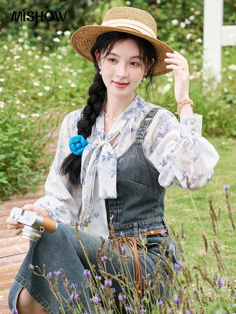 MISHOW Retro Denim Strap Dress for Women Spring Summer 2025 Symmetrical Diagonal Pockets Front Hem Slit Midi Dresses MXD14L1817