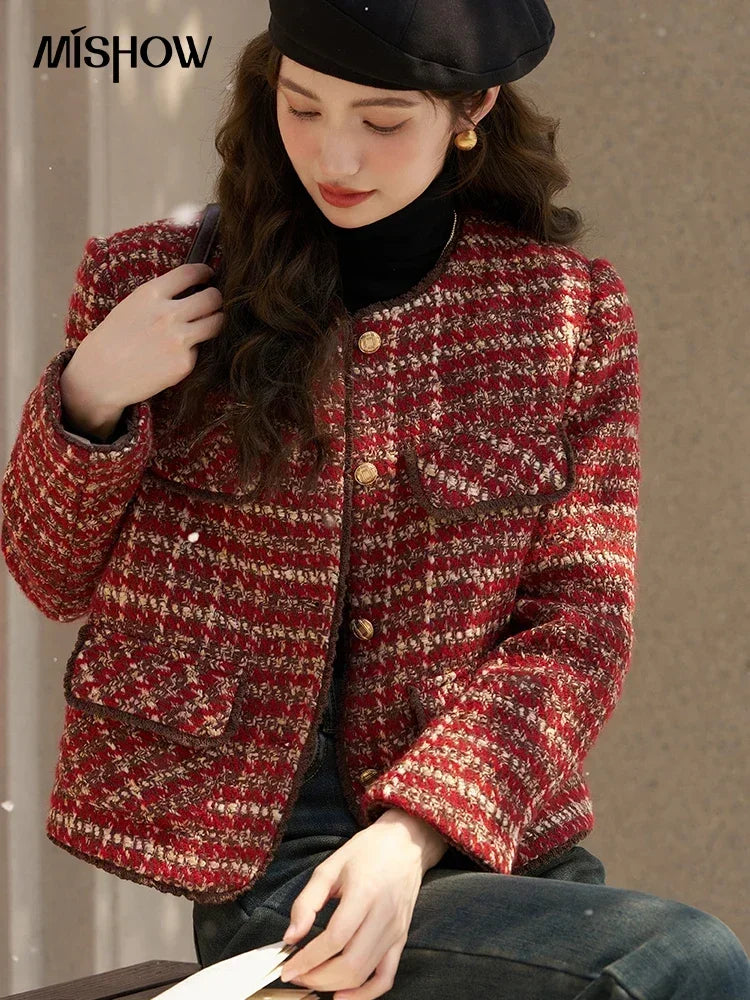 MISHOW Tweed Jacket for Women Luxury 2025 Winter Wool Blend Thick Coat High Quality Fashion Crew Neck Outerwear Top MXC57Y0021