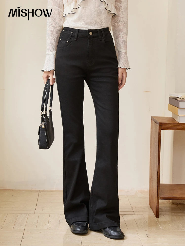 MISHOW Black Jeans for Women 2025 Winter New Vintage High Waist Elastic Flared Pants Commute Casual Slim Trousers MXE51K1098