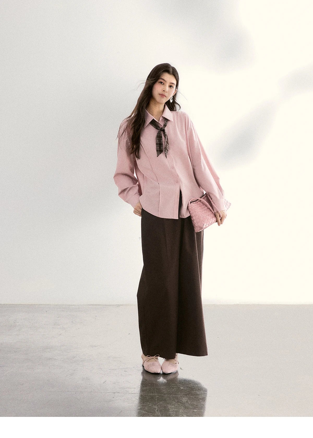 MISHOW Women's Casual Loose Shirt with Plaid Scarf 2026 Spring Lapel Tops Versatile Long Sleeve Shirts Office Lady MXF108C0815