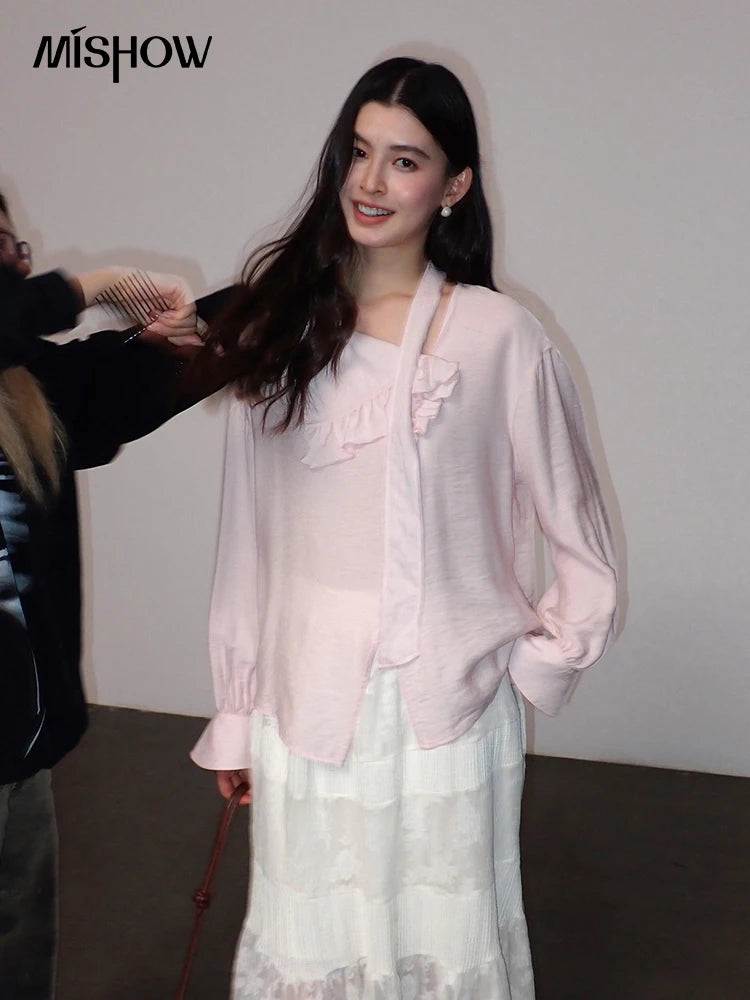 MISHOW Women's Pink Elegant Blouse 2026 Spring Asymmetrical Ruffled Collar Button Shirts Puff Sleeve Casual Loose Top MXF11X2520