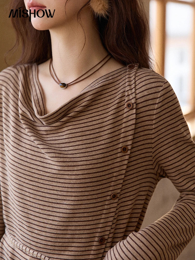 Mishow Retro Crew Neck Tie-Up Striped Top MXE87Z2700