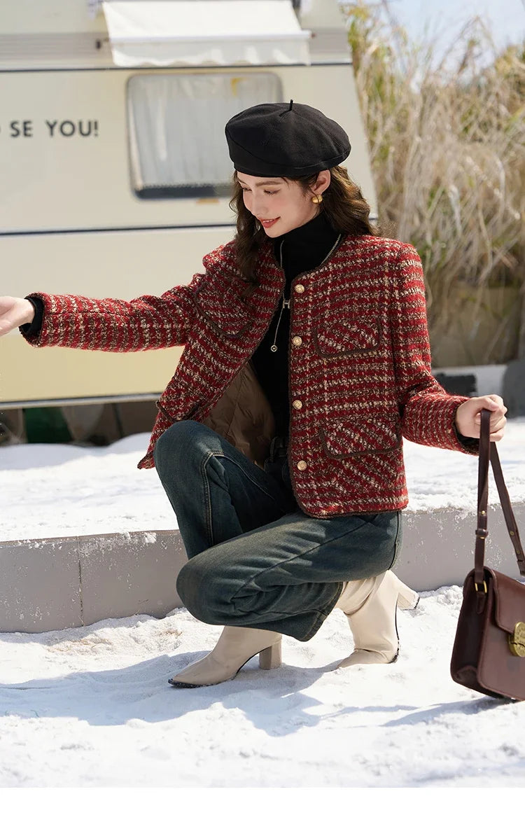 MISHOW Tweed Jacket for Women Luxury 2025 Winter Wool Blend Thick Coat High Quality Fashion Crew Neck Outerwear Top MXC57Y0021